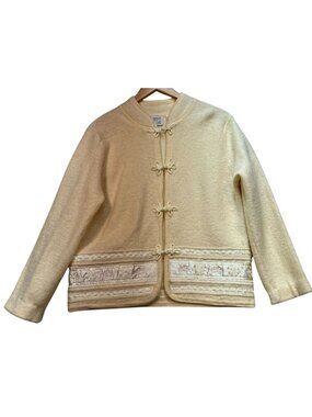 Vintage Field Gear Women's Wool Cardigan Sweater Embroidered Trim Sz M Cream